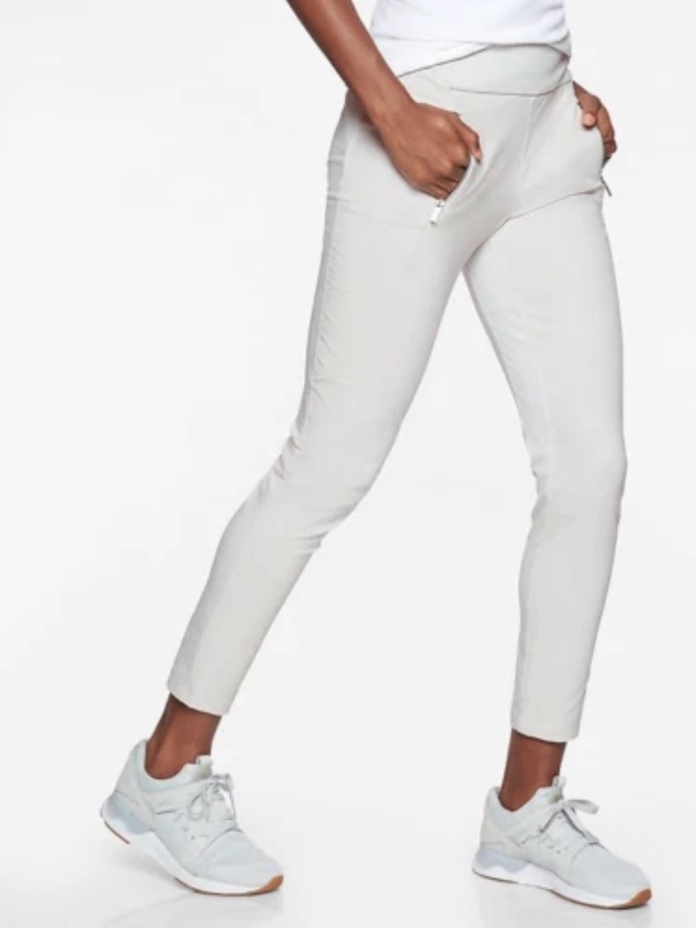 EUC Athleta Headlands Hybrid Tight, Moonlight Grey/White Women 12 Pants Pockets